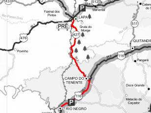 Trajeto da linha Lapa - Rio Negro, pela PR-427 e BR-116