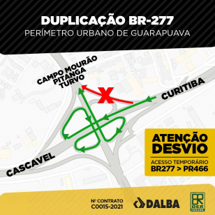 DER/PR informa interdição e desvio em alça de acesso à PRC-466 em Guarapuava
